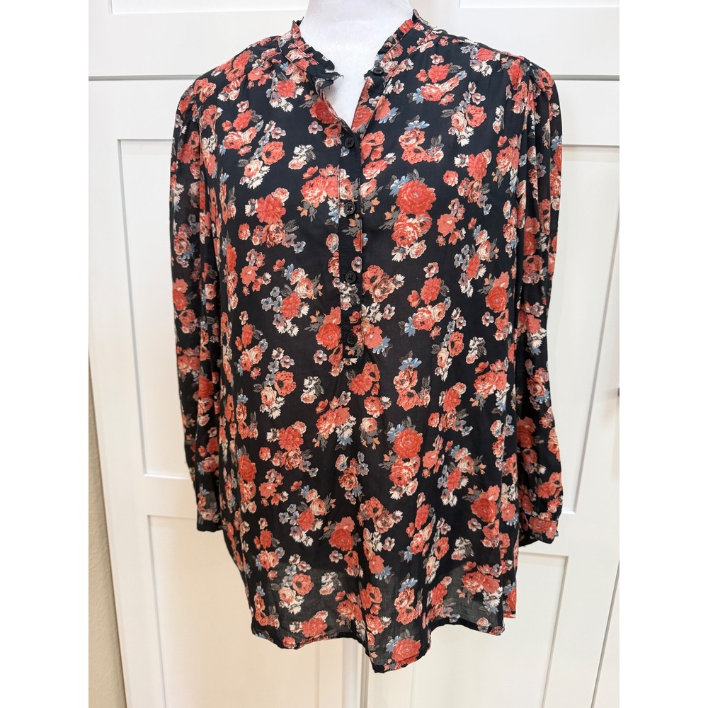 Lucky Brand Women Floral Print Ruffle Neck Button Front Blouse Large 7W45610